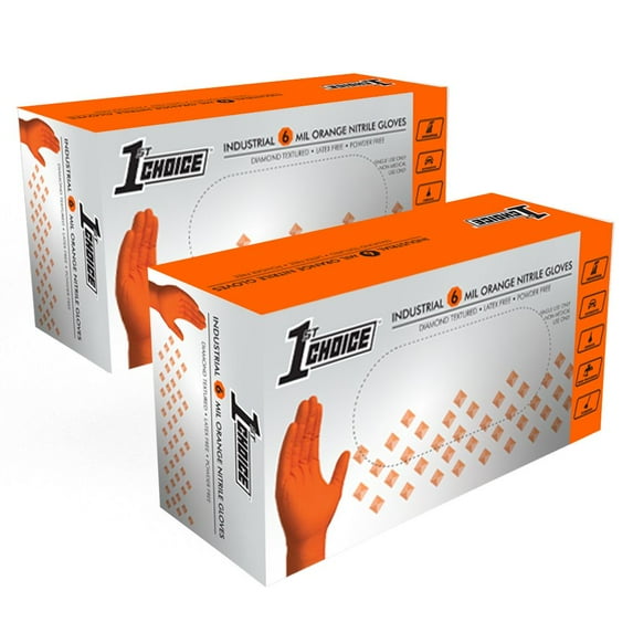 1st Choice Orange Disposable Nitrile Gloves Size X-Large 200 Count, Diamond Grip
