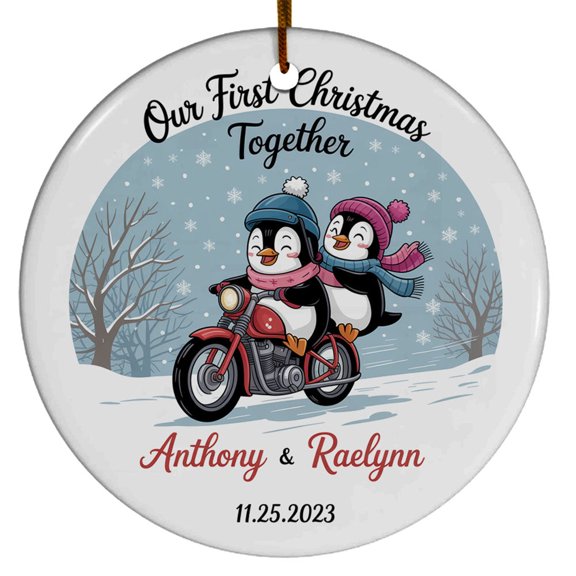 1st Christmas Penguin Together Ceramic Ornament, Our First Christmas Together Ornaments Gifts, Custom Name Text Date Names Couple Penguin Ceramic Christmas Ornament 2025