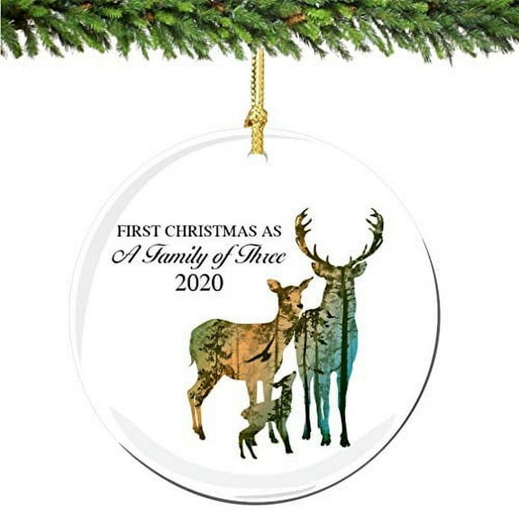 1st Christmas as A Family of Three Ornament 2023 Deer Porcelain Ornament New Parents Mommy Daddy Newborn Baby Gift Idea