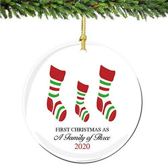 1st Christmas as A Family of Three Ornament 2023 Stockings Porcelain Ornament New Parents Mom Dad Newborn Baby Gift