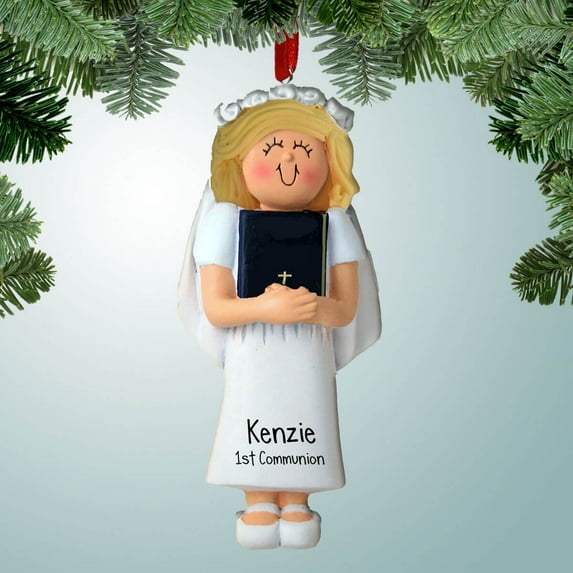 1st Communion Girl Holding Bible - Blonde Hair - Personalized Christmas Ornament - Perfect Stocking Stuffer - Great Gift Ideas