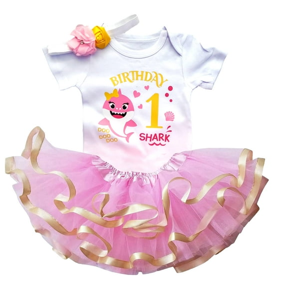 1st First Birthday Baby Girl Tutu Outfit- One Year Old Baby Shark Party Outfit- White/Pink