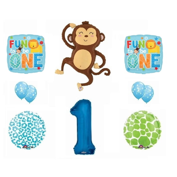 1st First Boy Birthday Party Monkey Jungle Safari Party 12 Piece  Balloons Decoration Supplies Set