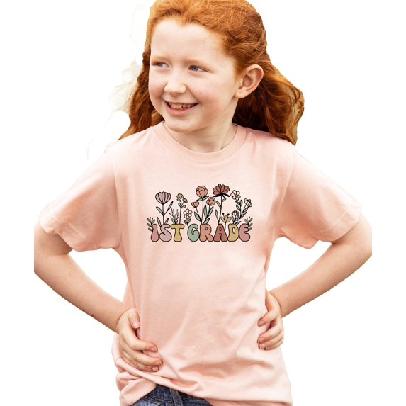 1st Grade Floral Shirt for Girls Cute Back to School Flower Graphic Tee for Kids Peach Shirt Youth Small