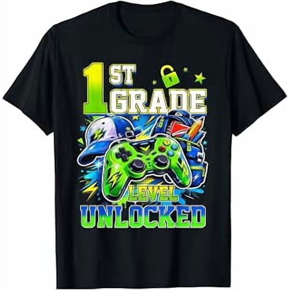 1st Grade Level Unlocked, Video Gamer, Back to School, Gaming Theme, Short Sleeve T-Shirt