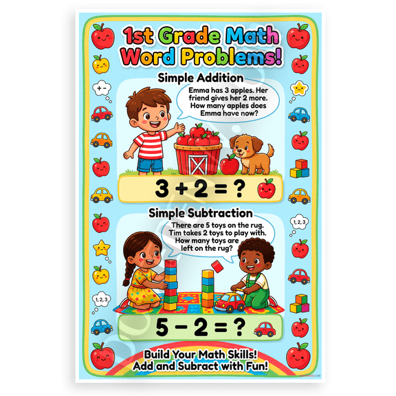 1st Grade Math Word Problems Simple Addition Subtraction Educational 12x18 US Made Poster