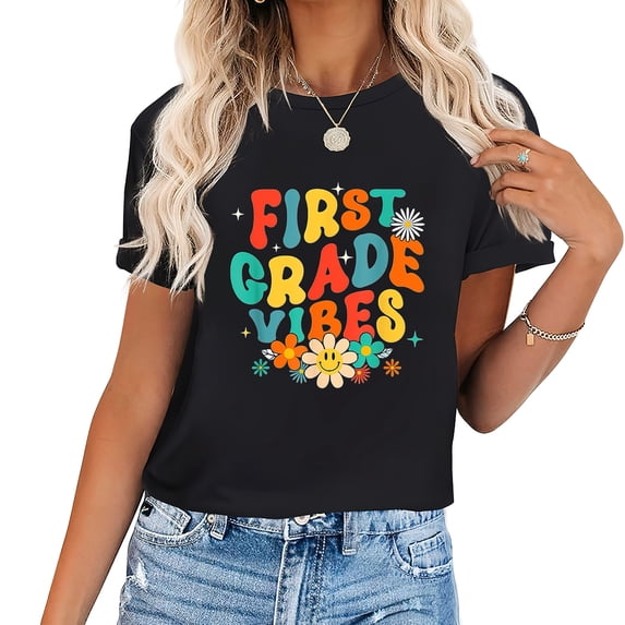 1st Grade Vibes Back To School Retro First Grade T Trendy Women's Short Sleeve Top with Eye-catching Graphic