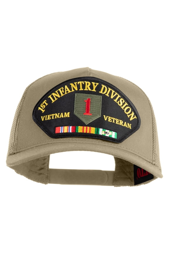 1st Infantry Division Vietnam Veteran Patched Solid Cotton Twill 5 panel Mesh Back Cap - Khaki OSFM