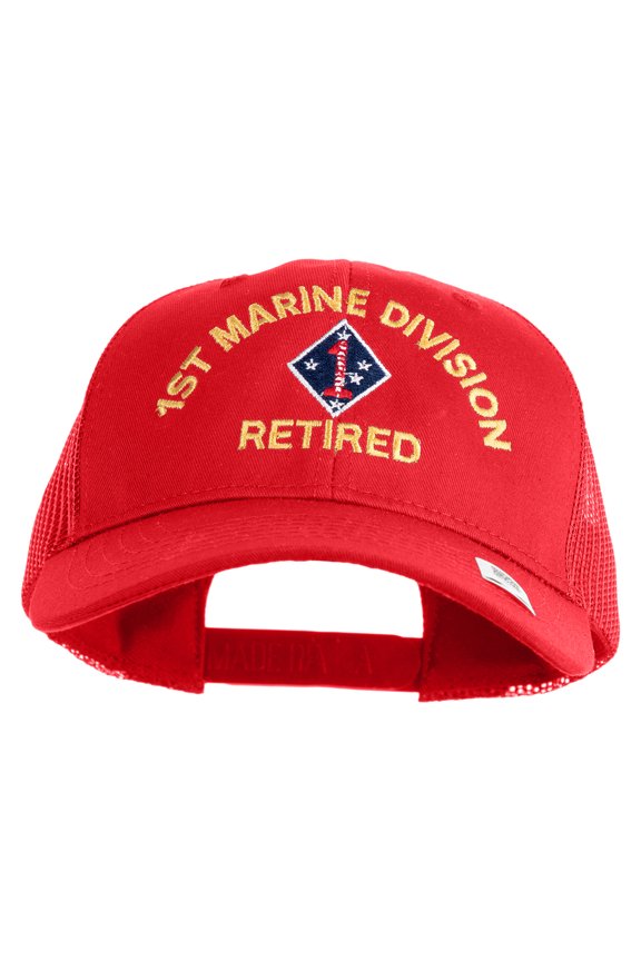 1st Marine Division Retired Embroidered 6 Panel Structured Cotton Twill Mesh Cap Made in USA - Red OSFM