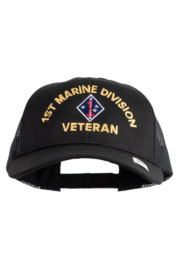 1st Marine Division Veteran Embroidered 6 Panel Structured Cotton Twill Mesh Cap Made in USA - Black OSFM