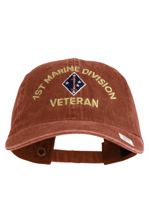 1st Marine Division Veteran Embroidered Washed Solid Pigment Dyed Cotton Twill Brass Buckle Cap - Red OSFM