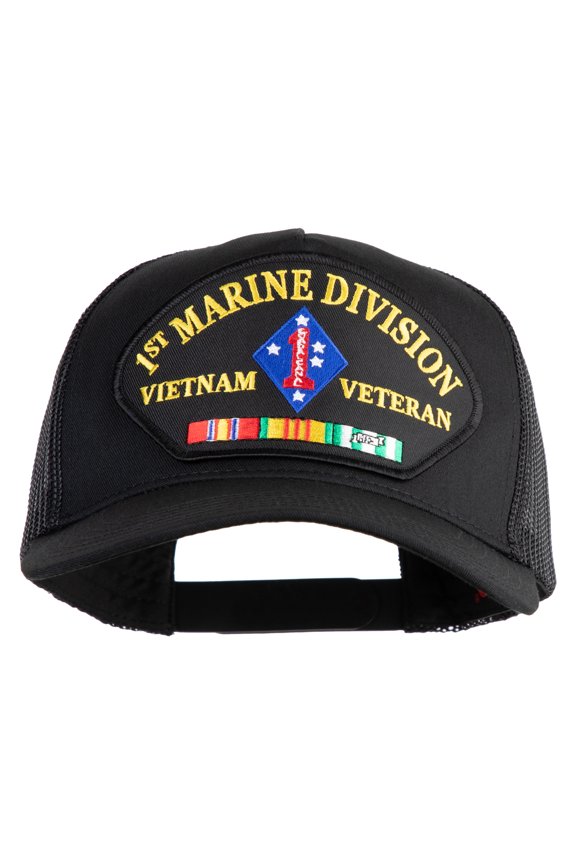 1st Marine Division Vietnam Veteran Patched Solid Cotton Twill 5 panel Mesh Back Cap - Black OSFM