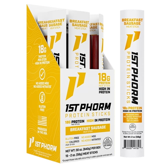 1st Phorm Protein Meat Sticks, Breakfast Sausage Flavor, 18g Protein Per 2 oz. Stick (15 Count)