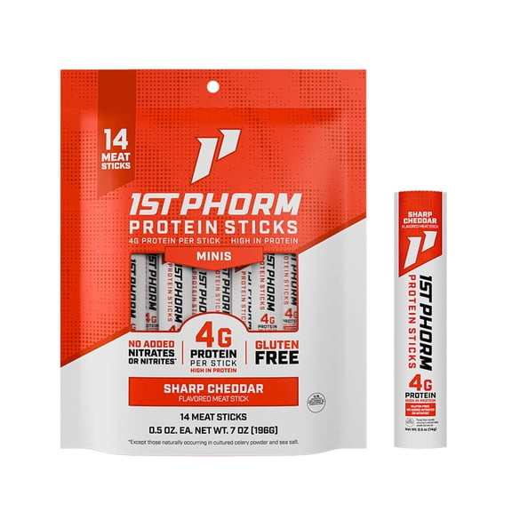1st Phorm Protein Meat Stick Minis, Sharp Cheddar, 4g Protein Per 0.5 oz. Stick (14 Count)