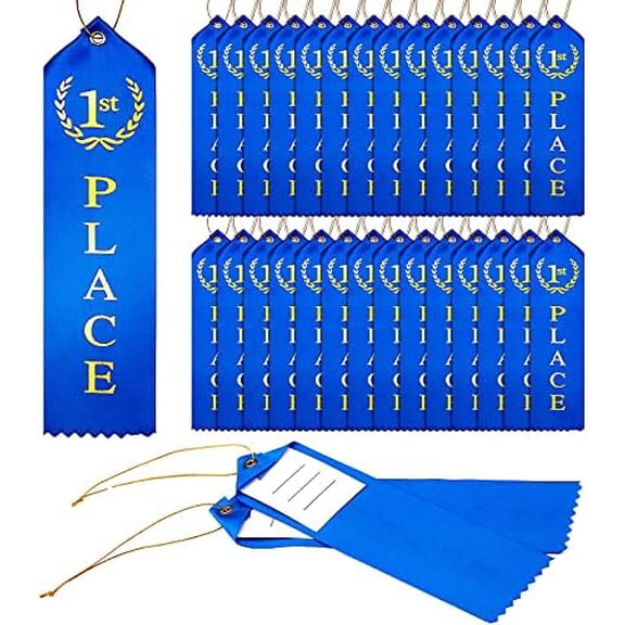 1st Place Quality Award Ribbons First Place Ribbon Blue Winner Ribbons Metallic Gold Foil Print with Event Card and String for Competition, Sports Event, School, Contests(36 Pieces)
