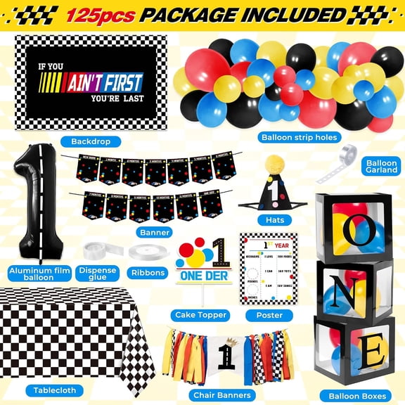 1st RaceCar Theme Birthday Decoration Kit, Party Supplies with Hat Cake Topper Backdrop Balloon Boxes, for Boys First Birthday Baby Shower Events