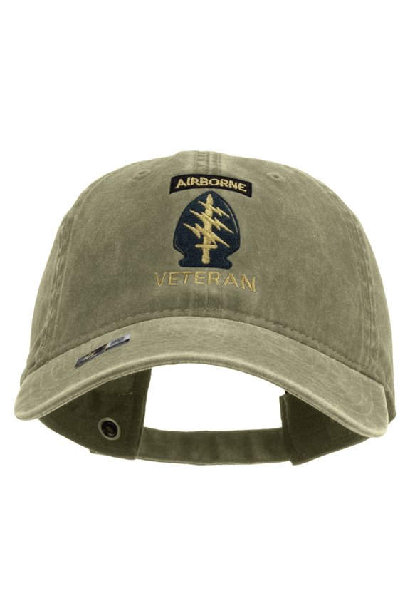 1st Special Forces Command Veteran Embroidered Washed Solid Pigment Dyed Cotton Twill Brass Buckle Cap - Khaki OSFM