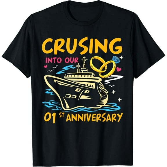 1st Wedding Anniversary Cruise 1 Year Together Couples T-ShirtMen's and women's gift, black and white T-shirt, size: Extra large S-4XL