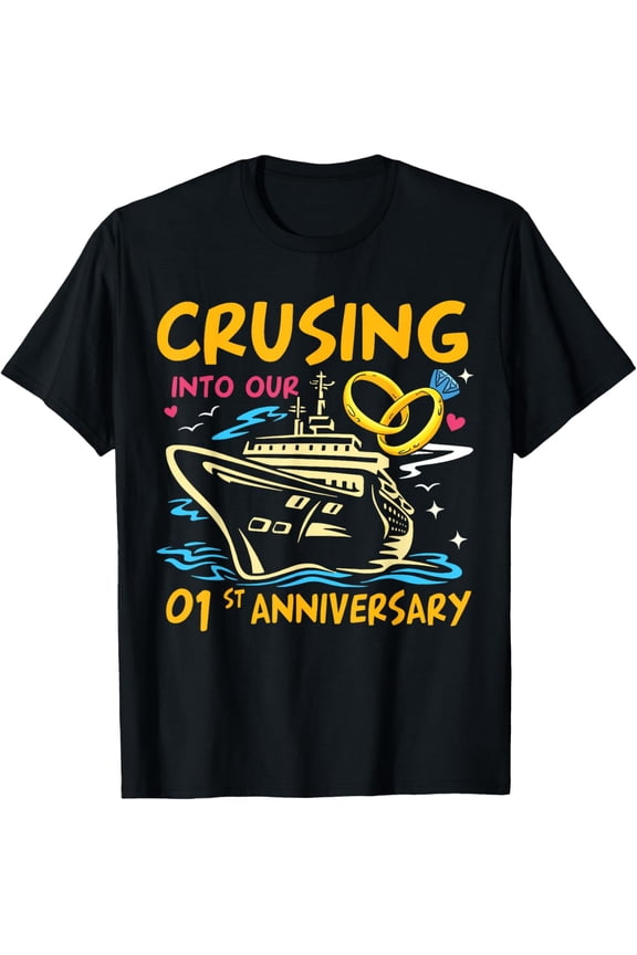 1st Wedding Anniversary Cruise 1 Year Together Couples T-ShirtMen's and women's gift, black and white T-shirt, size: Extra large S-4XL