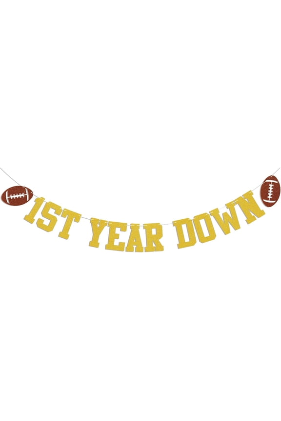 1st Year Down Banner - Football 1st Birthday Banner, Football Baby Shower Decor, Sports Theme One Year Old Birthday Party Decorations Gold Glitter