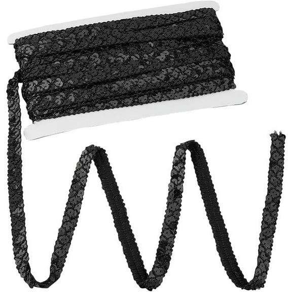 1strand 14.22 Yards(13m)/Strand Black Sequins Ribbon Glitter Sewing Braid Lace Trim Polyester Sparkle Metallic Ribbon 16mm Wide Wave Trim with Paillette Flat Round Garment Accessories