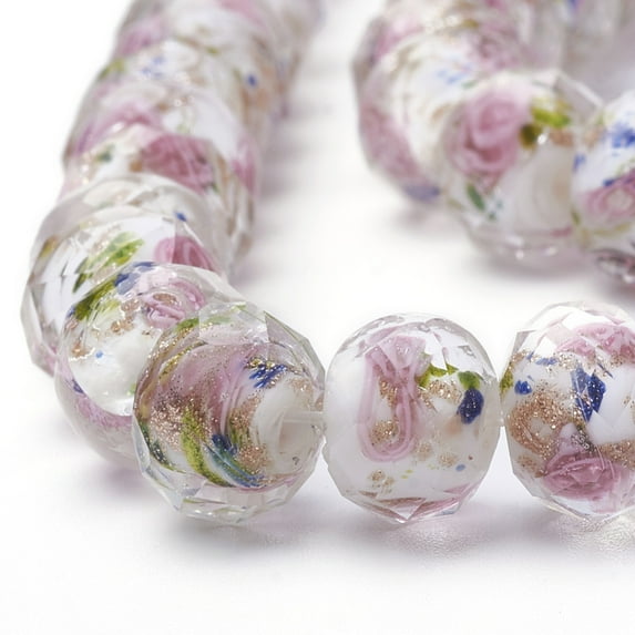 1strand Handmade golden Sand Lampwork Beads Strands Inner Flower Faceted Rondelle White 11~12x8~9mm Hole: 1.6~2mm about 45pcs/strand 17.3 inch