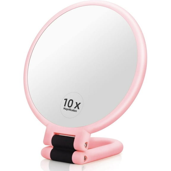 1x 10x Magnifying Mirror, Handheld Hand Mirror with Handle, Travel Hand Held Vanity Mirror, Compact Double Sided Portable Magnification Small Make Up Mirrors for Precision Makeup (Pink)