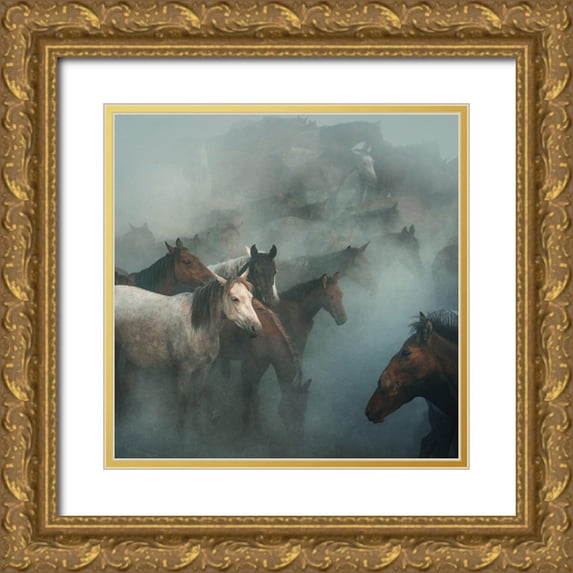 1x 15x15 Gold Ornate Wood Framed with Double Matting Museum Art Print Titled - Lost Horses