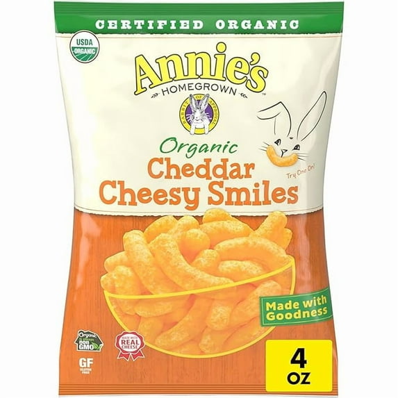 1x Annie's Organic Cheddar Cheesy Smiles, Baked Corn Puffs, Gluten Free, 4 oz