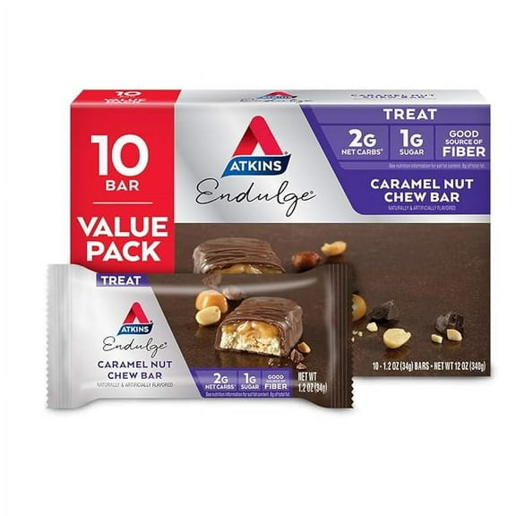 1x Atkins Endulge Caramel Nut Chew Bar, Nut Bar, Low Sugar Treat, High in Fiber, 10 Count