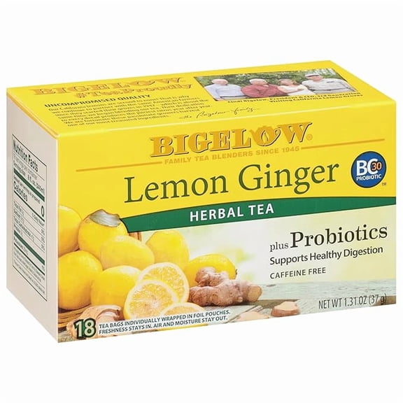 1x Bigelow Tea Lemon Ginger plus Probiotics Herbal Tea, Caffeine Free Tea, 18 Total Tea Bags (Pack of 1)