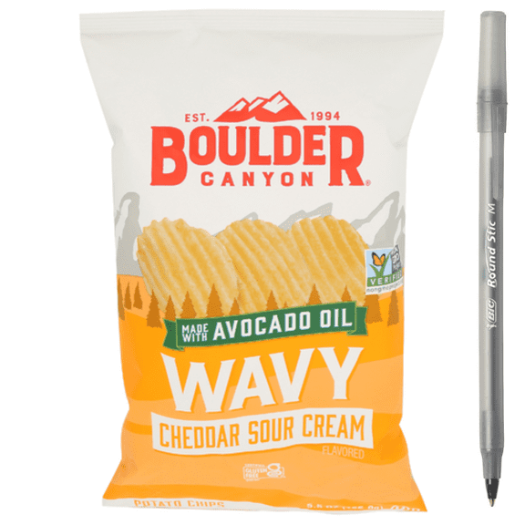 1x Boulder Canyon Cheddar Sour Cream Avocado Oil Wavy Potato Chips with pan