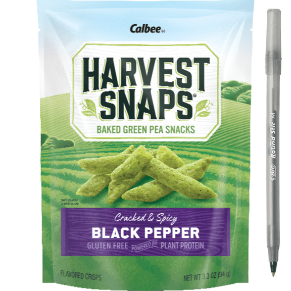 1x Calbee Harvest Snaps Green Pea Snack Crisps Black Pepper with pan