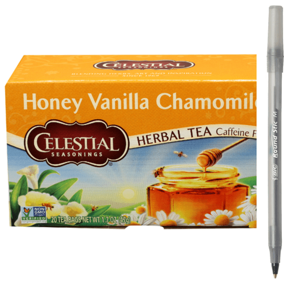 1x Celestial Seasonings Honey Vanilla Chamomile Tea with pen