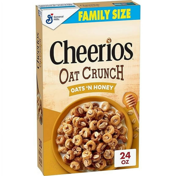 1x Cheerios Oat Crunch Oats 'N Honey Breakfast Cereal, Made with Whole Grain, Family Size, 24 oz