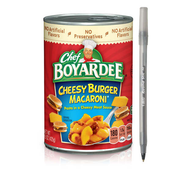 1x Chef Boyardee Cheesy Burger Macaroni in Cheesy Meat Sauce, Ready-to-Eat Meal with pen