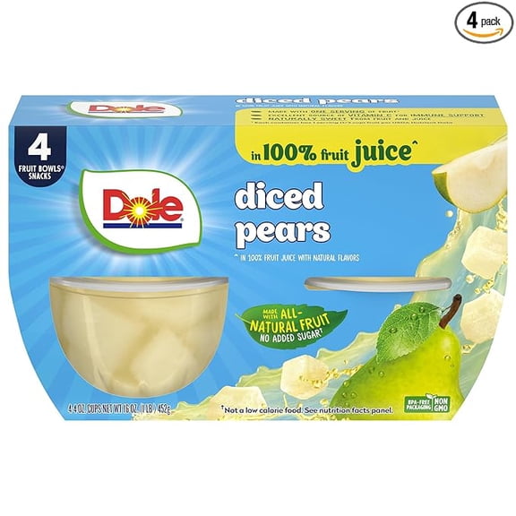 1x Dole Diced Pears in 100% Juice - Dole Fruit Bowls Snacks - 4 oz Fruit Bowls - 4 Pack