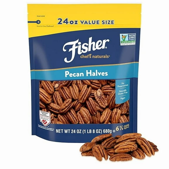 1x Fisher Chef's Naturals Pecan Halves 24 oz Resealable Bag, Unsalted Raw Nuts for Cooking, Baking & Snacking, Healthy Snacks for Adults, Vegan Protein, Keto Snack, Gluten Free Raw Pecans Halves