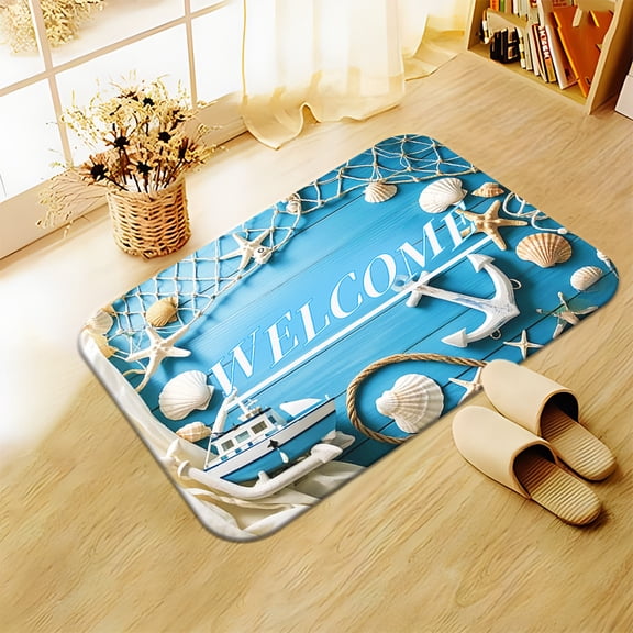 1x HD-Printed Floor Mat featuring a Starfish & Seashell "Welcome" Design; Non-Slip Bathroom Mat (Machine-Washable Polyester); Living Room & Entryway Mat; Camping & Picnic Mat; Yoga Mat.