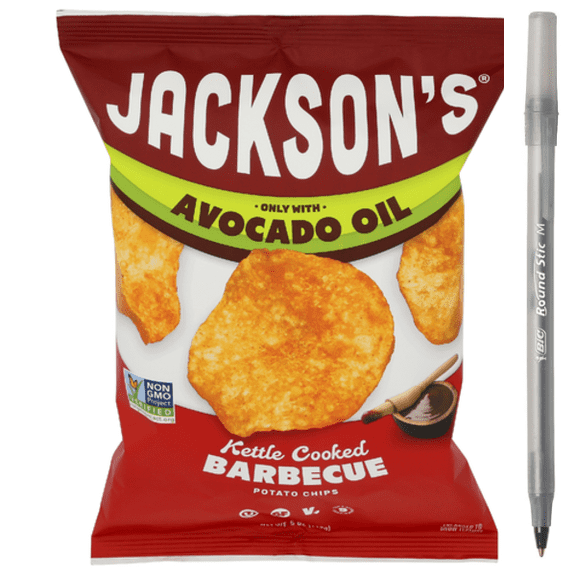 1x Jackson's Chips Barbecue Avocado Oil Cooked Kettle Chips with pen