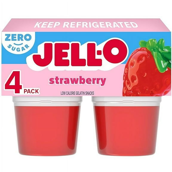 1x Jell-O Strawberry Artificially Flavored Zero Sugar Ready-to-Eat Gelatin Snack Cups, 4 ct Cups