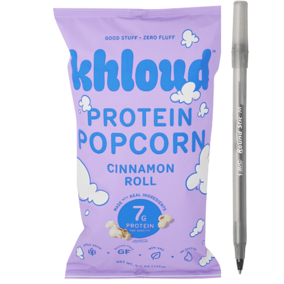 1x Khloud Popcorn Cinnamon Roll Protein Popcorn with pen