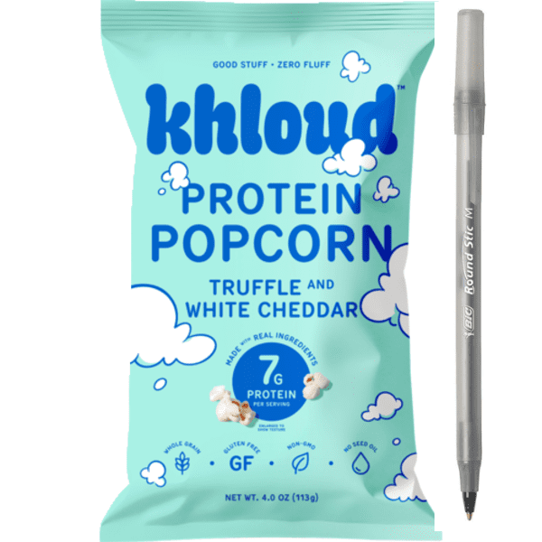 1x Khloud Popcorn Truffle And White Cheddar Protein Popcorn with pen