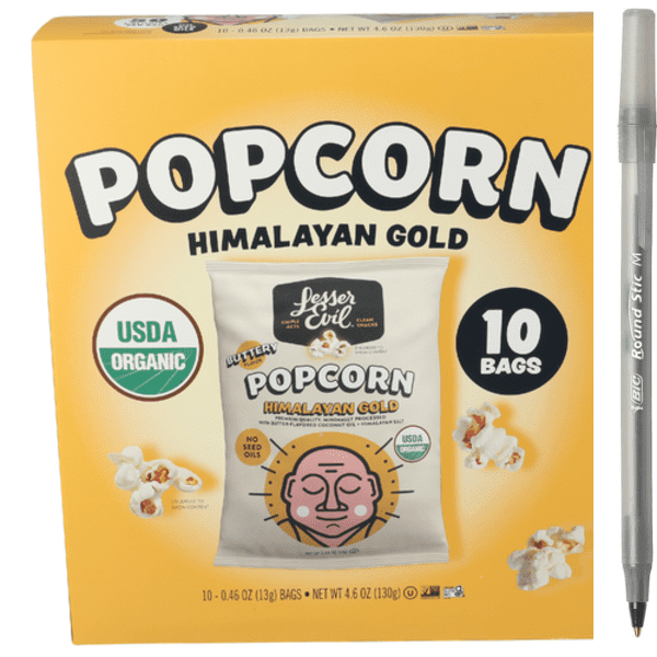 1x LesserEvil Organic Himalayan Gold Popcorn 10 Pack with pen