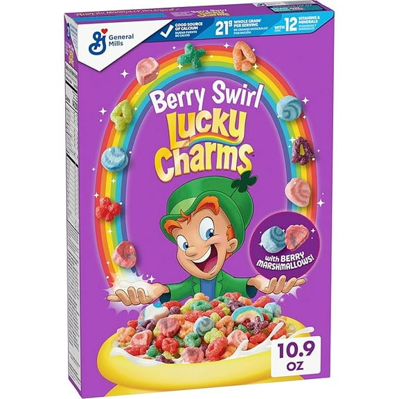 1x Lucky Charms Berry Swirl Breakfast Cereal with Marshmallows, Kids Breakfast Cereal, Made with Whole Grain, 10.9 oz