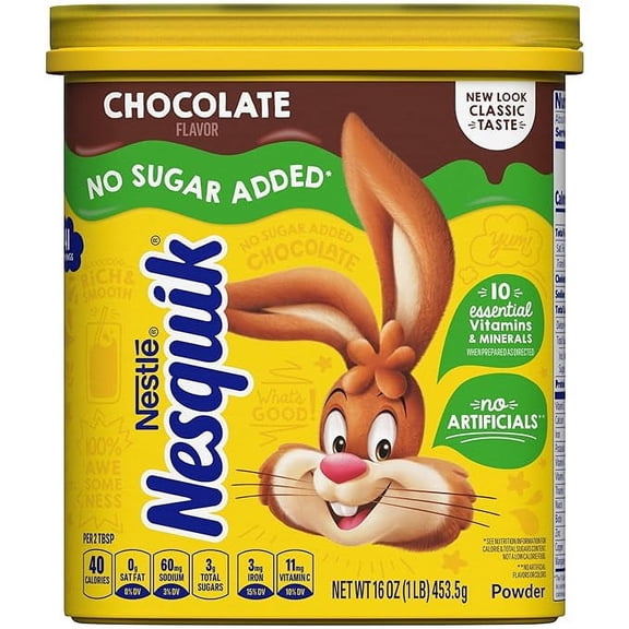 1x NESTLE NESQUIK No Sugar Added Chocolate Flavored Powder 16 oz. Canister