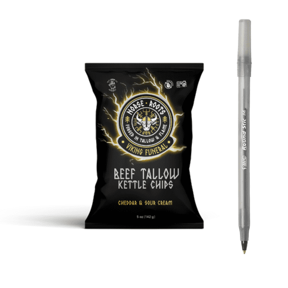 1x Norse Roots Chips Viking Funeral Cheddar & Sour Cream Beef Tallow Kettle Chips with pan