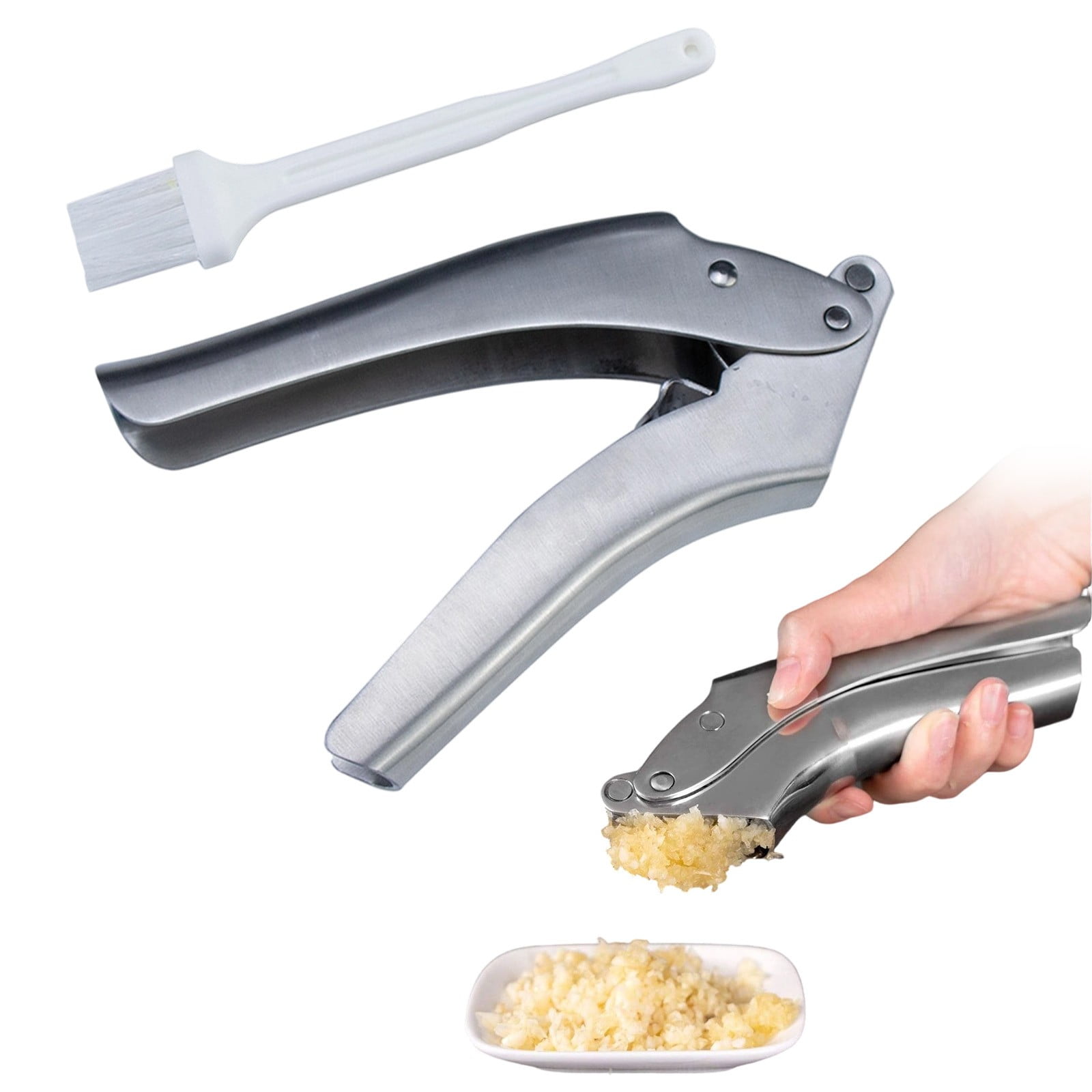 1x No Peeling Required Stainless Steel Garlic Press with Detachable Handle for Fine Mincing - Rust-Proof,Dishwasher Safe Garlic Crusher,Stainless Steel Mincer,Crusher & Brush Set,Easy to Clean,Silver