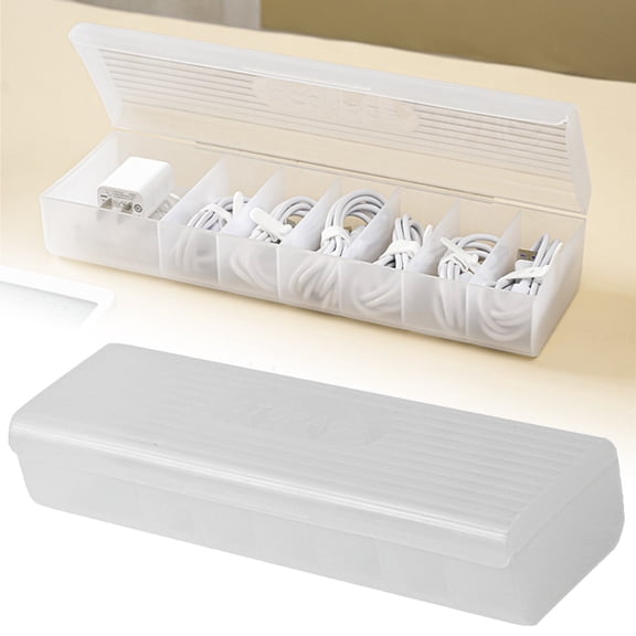 1x Plastic Cable Management Box,Cable Organizer Box,Clear Power Cord Organizer with 7 Compartments,Electronics Organizer for Office,Home Use,Desk Accessories Storage for Stationery Supplies,White