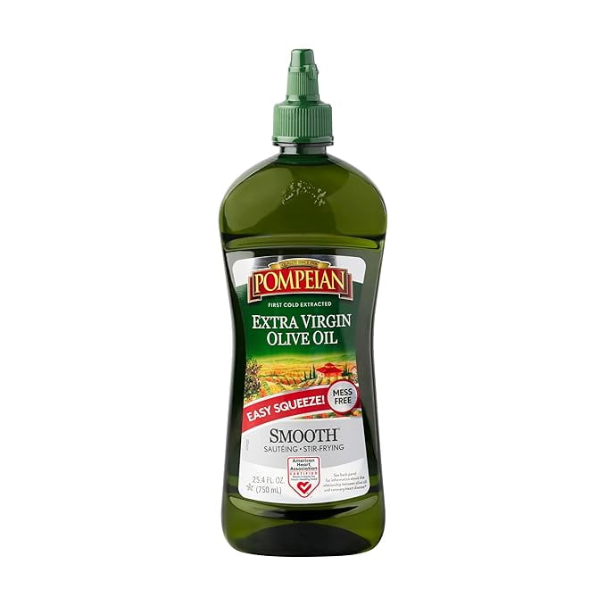 1x Pompeian Easy Squeeze, Smooth Extra Virgin Olive Oil, First Cold Pressed, Mild and Delicate Flavor, Mess Free, Perfect for Sauteing and Stir-Frying, 25.4 Fl Oz., Single Squeeze Bottle